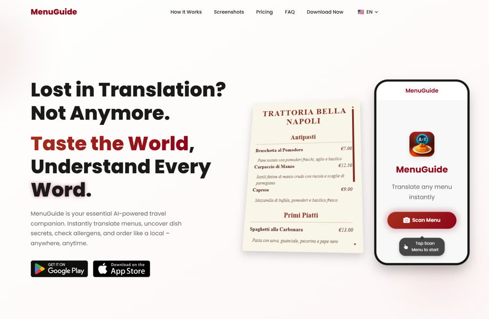 MenuGuide — celý náhled webu