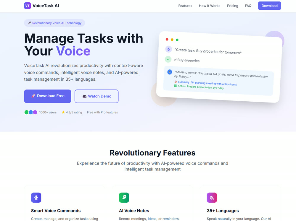 VoiceTask — celý náhled webu